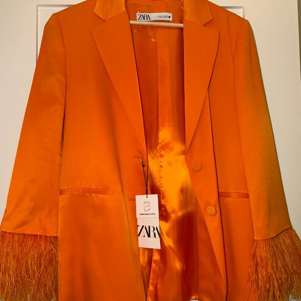 Orange Ostrich Feather Trim Blazer Suit Jacket and Drawstring Pant Suit Zara NWT - Picture 4 of 13